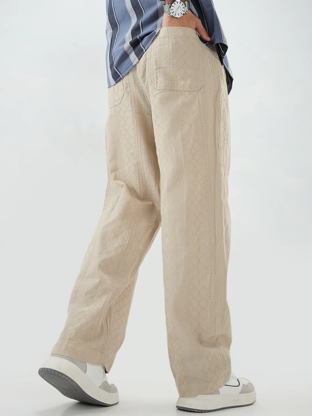 Sand Beige Waffle Textured Straight-Fit Trousers - Image 6
