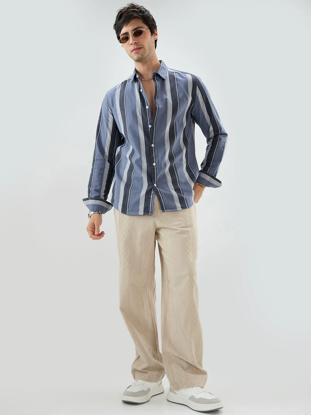 Sand Beige Waffle Textured Straight-Fit Trousers - Image 7