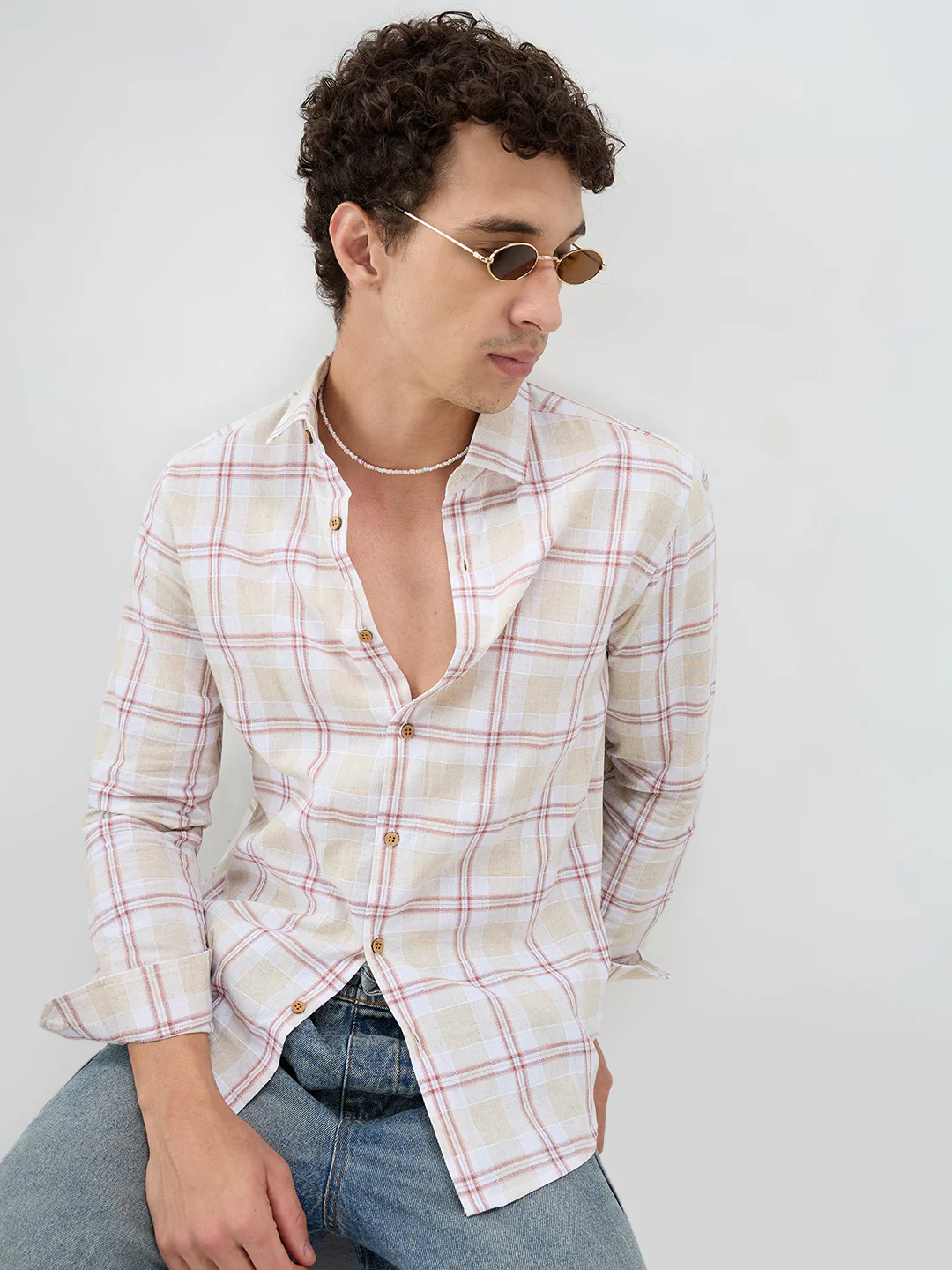 Sand Beige Windowpane Checks Linen Blend Shirt