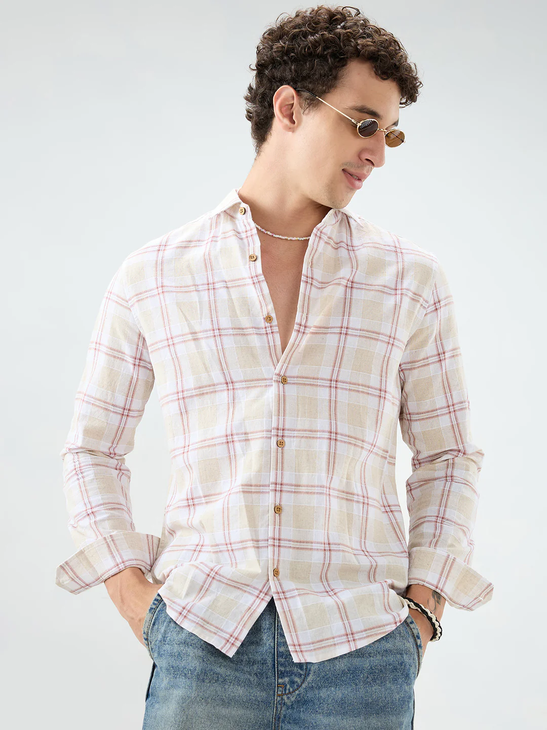 Sand Beige Windowpane Checks Linen Blend Shirt - Image 2