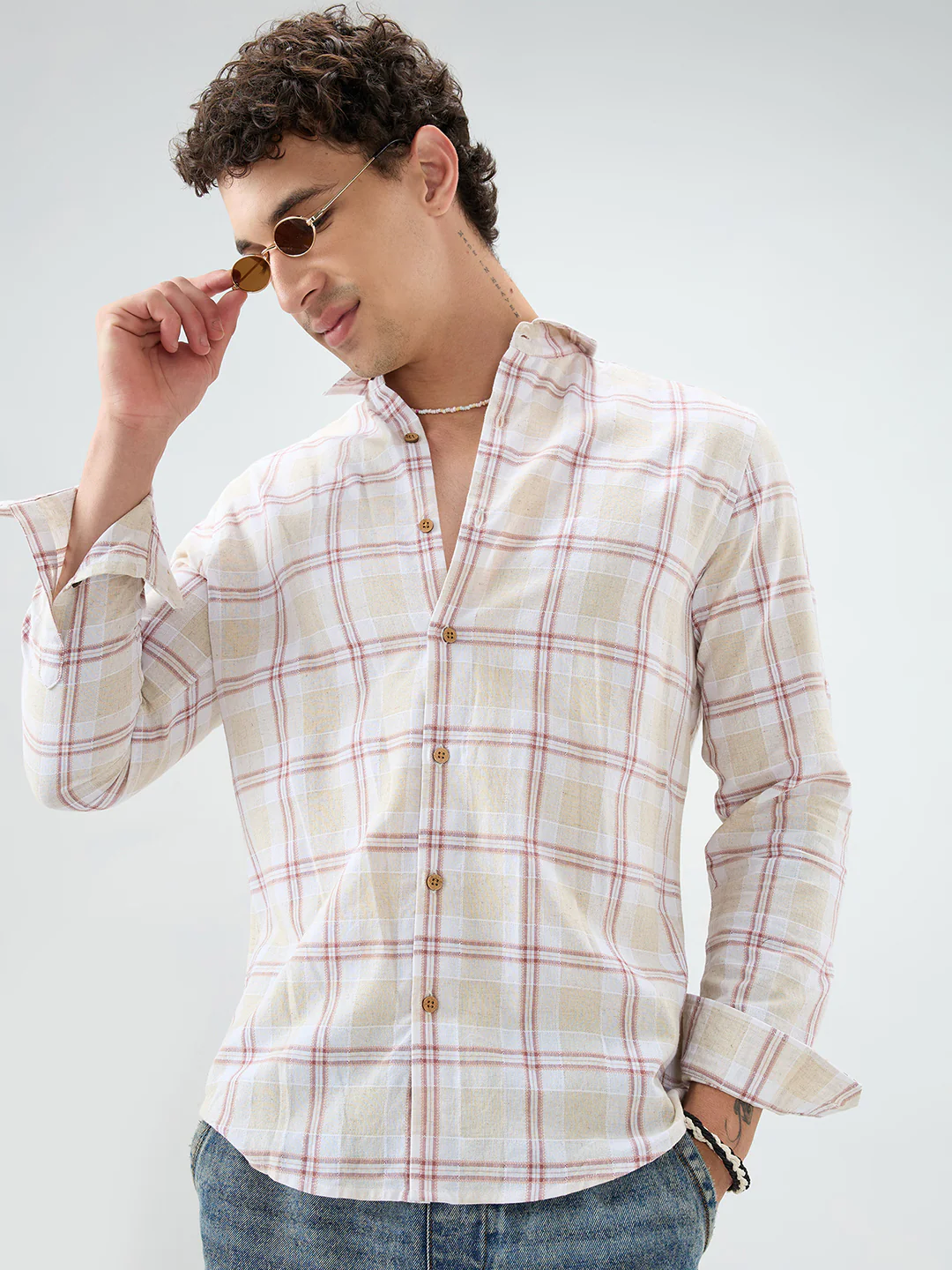 Sand Beige Windowpane Checks Linen Blend Shirt - Image 4