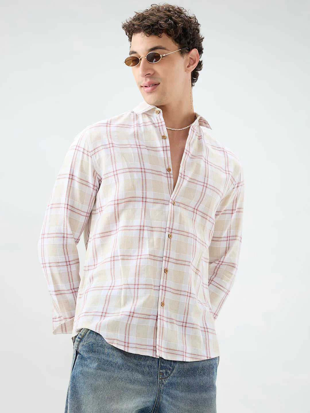 Sand Beige Windowpane Checks Linen Blend Shirt - Image 5