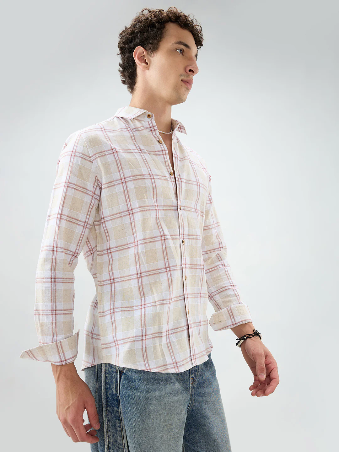 Sand Beige Windowpane Checks Linen Blend Shirt - Image 6