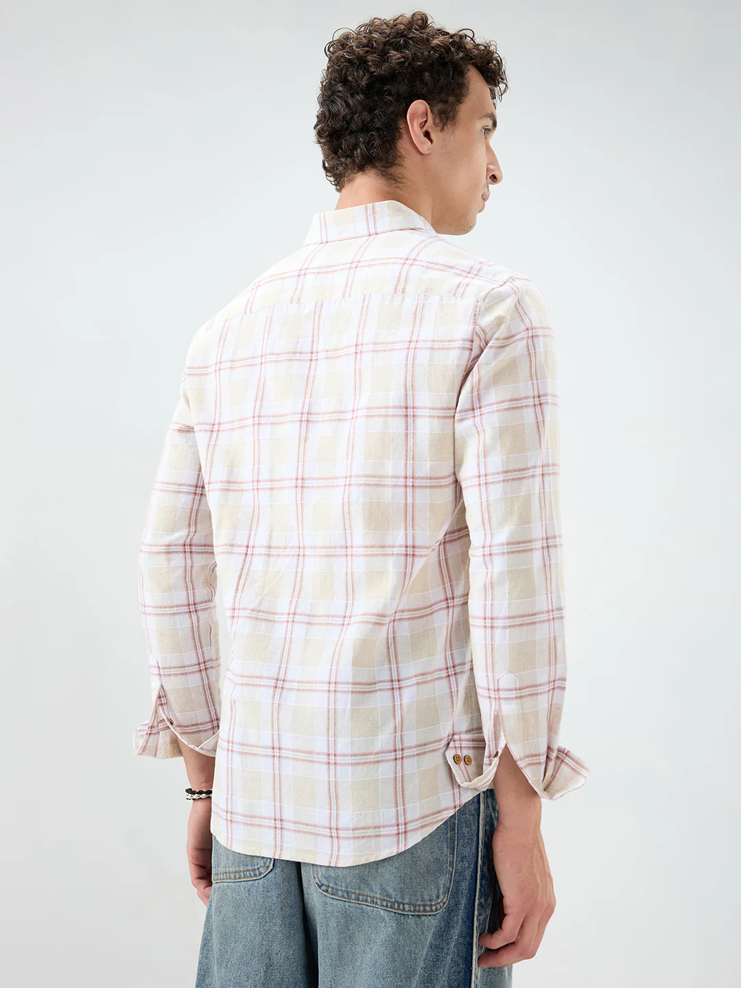 Sand Beige Windowpane Checks Linen Blend Shirt - Image 7