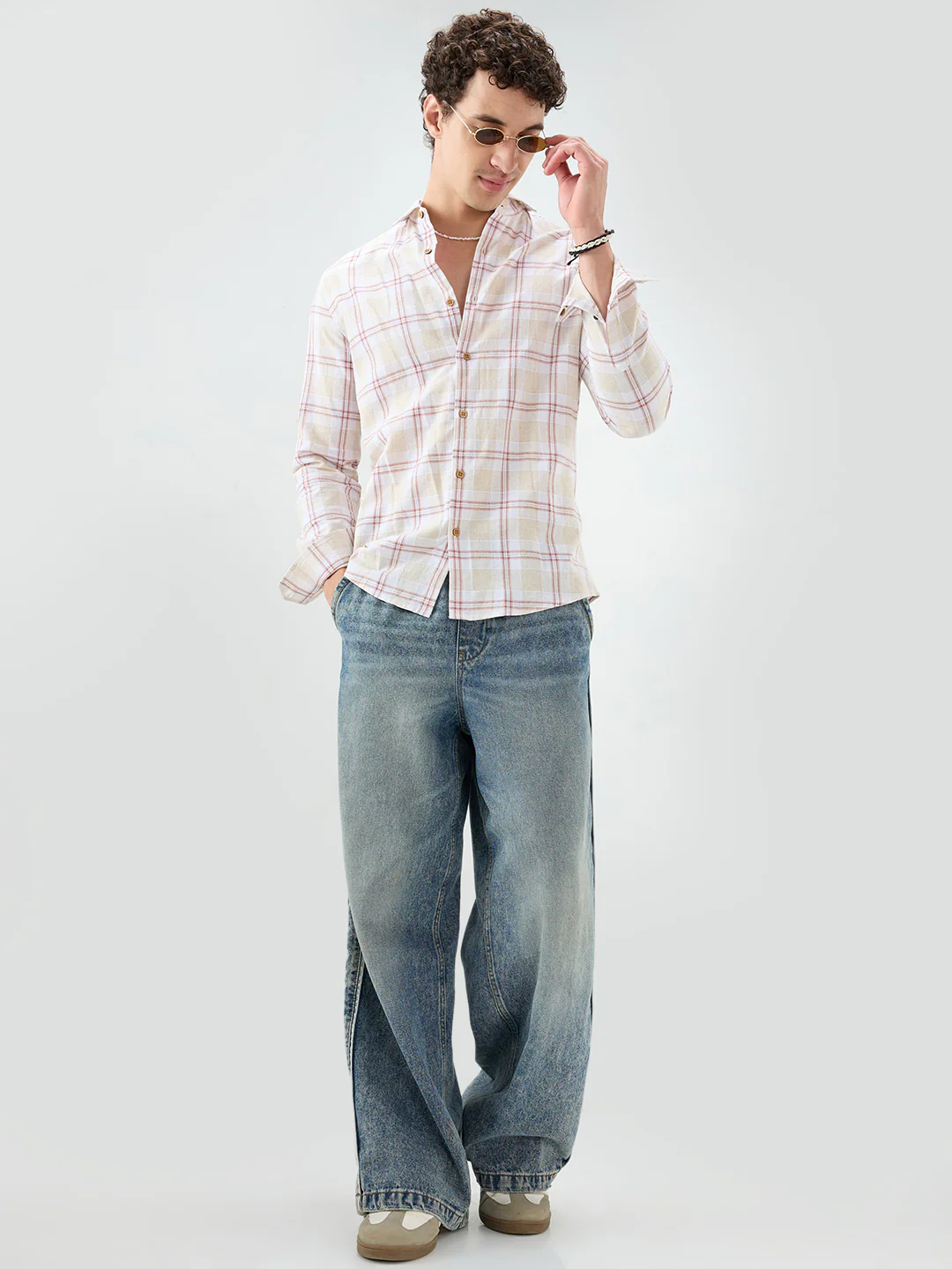 Sand Beige Windowpane Checks Linen Blend Shirt - Image 8