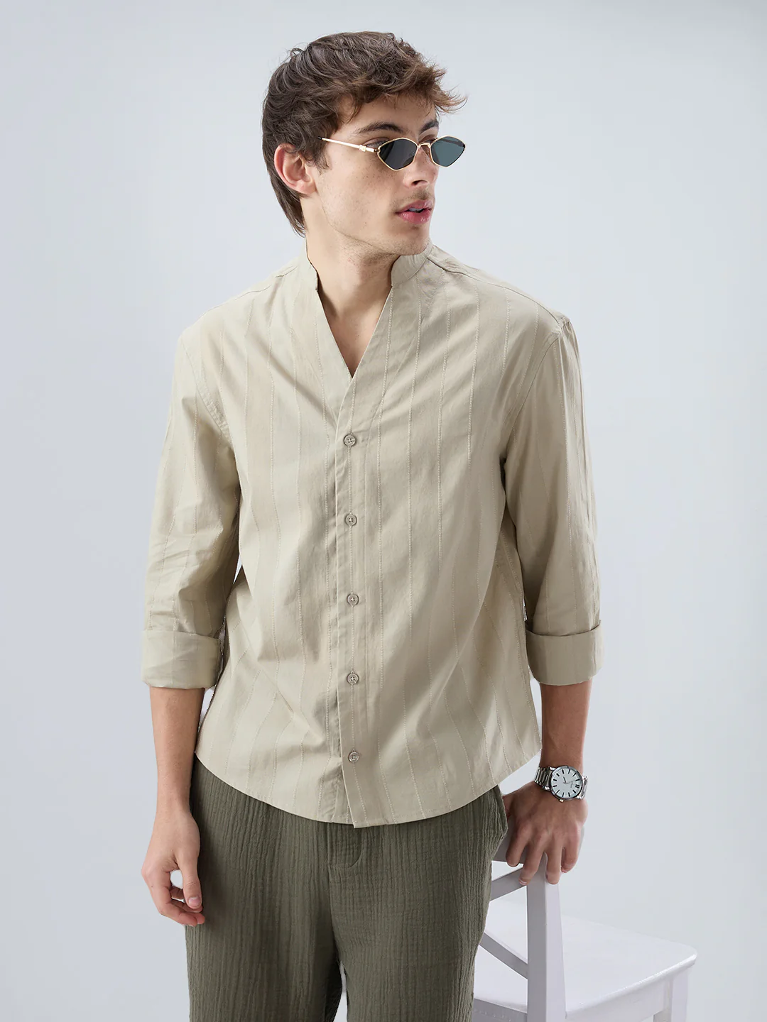 Sandstone Khaki Panel Textured Stand Collar Oversized Shirt - Image 2