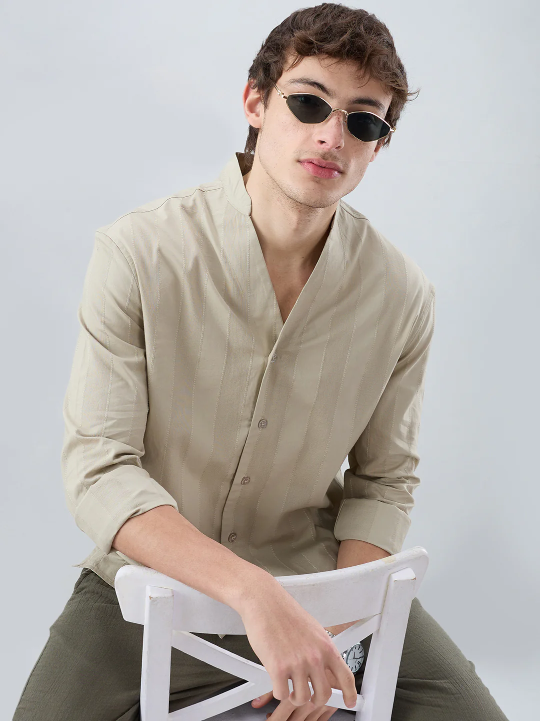Sandstone Khaki Panel Textured Stand Collar Oversized Shirt - Image 4