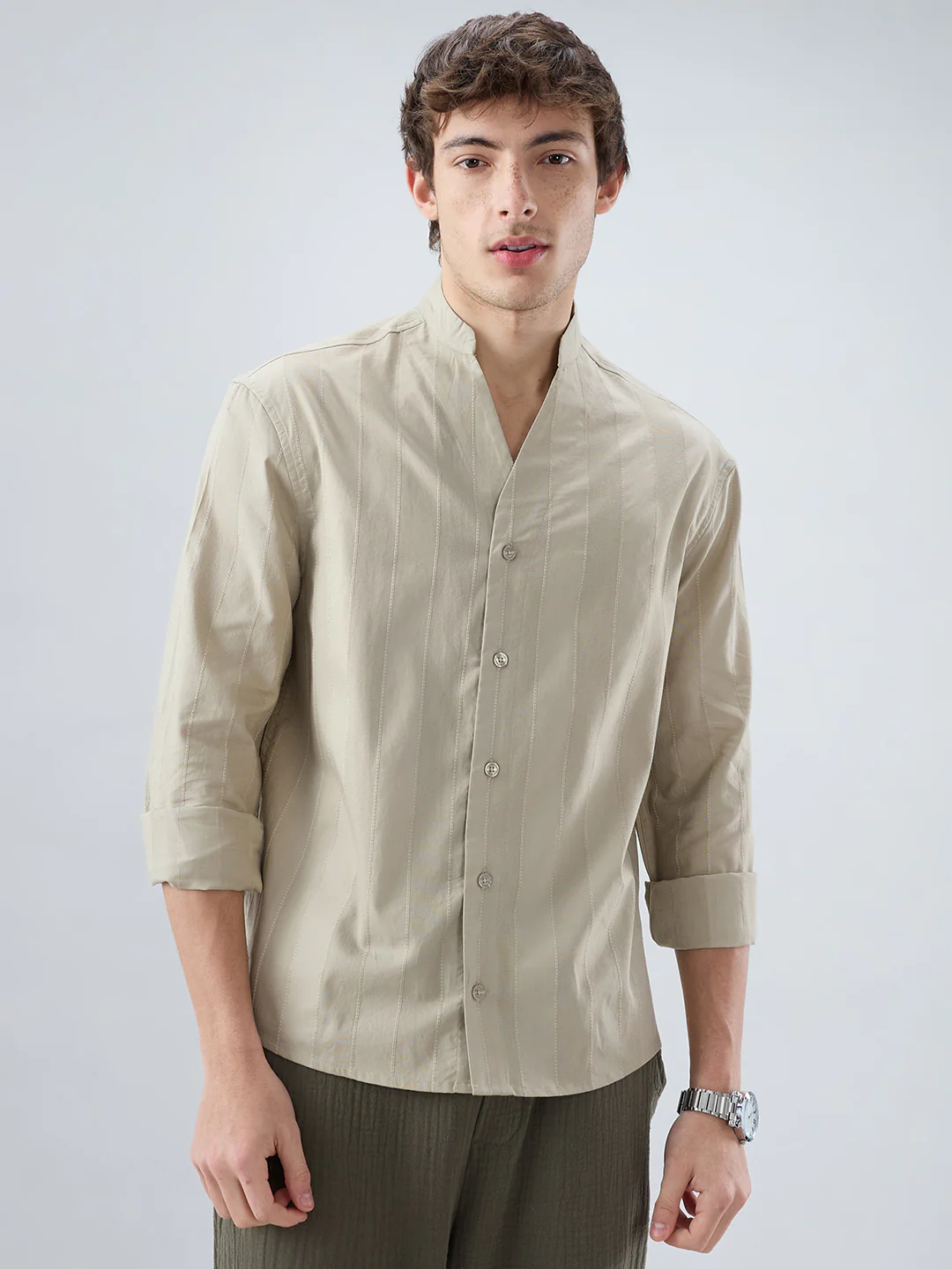 Sandstone Khaki Panel Textured Stand Collar Oversized Shirt - Image 5