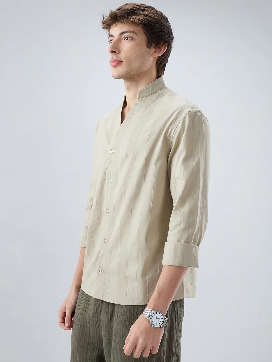 Sandstone Khaki Panel Textured Stand Collar Oversized Shirt - Image 6
