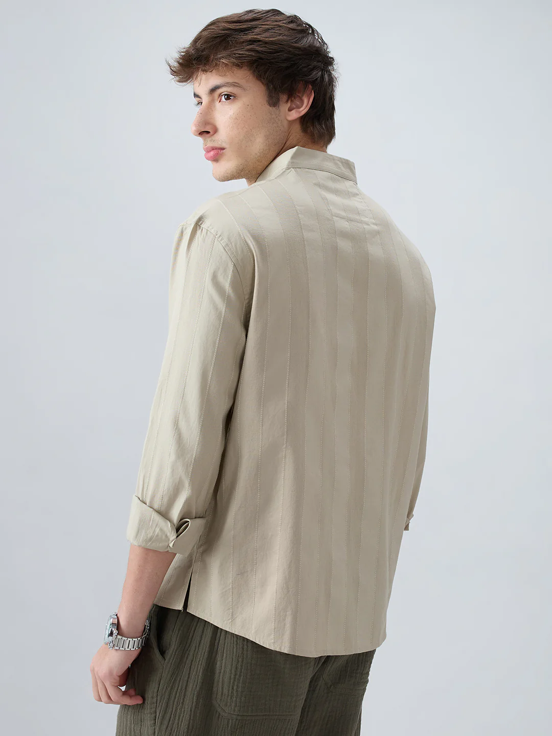 Sandstone Khaki Panel Textured Stand Collar Oversized Shirt - Image 7