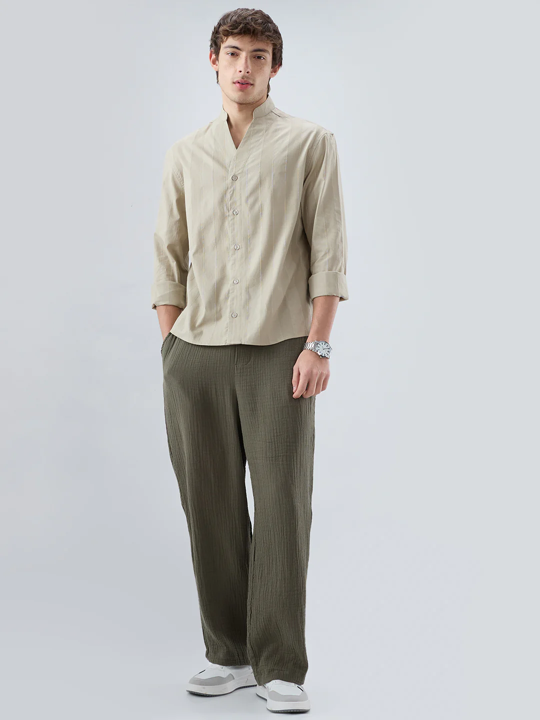 Sandstone Khaki Panel Textured Stand Collar Oversized Shirt - Image 8