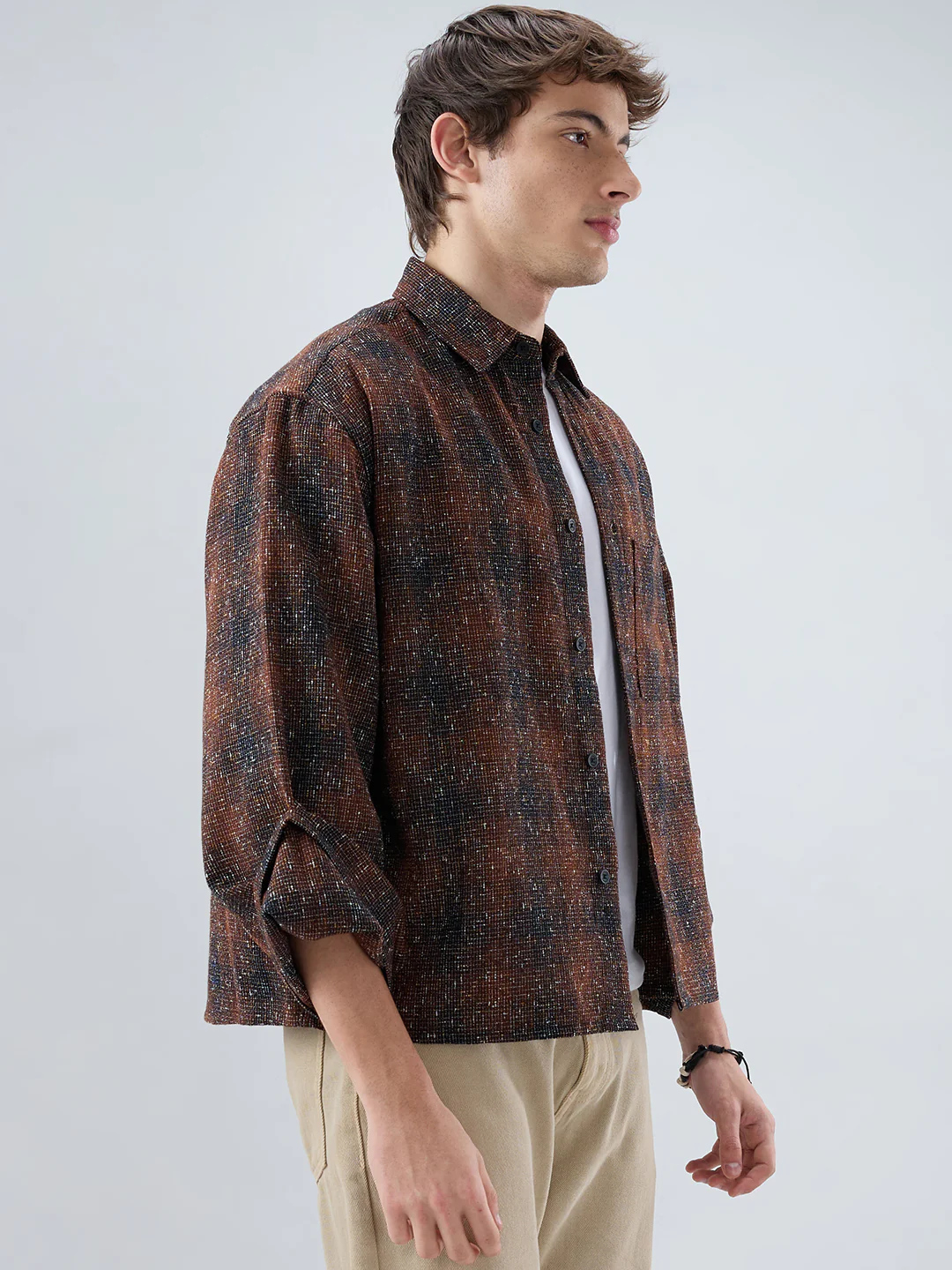 Sanjh Shaam Glossy Brown Textured Cuffless Oversized Crop Shirt - Image 6