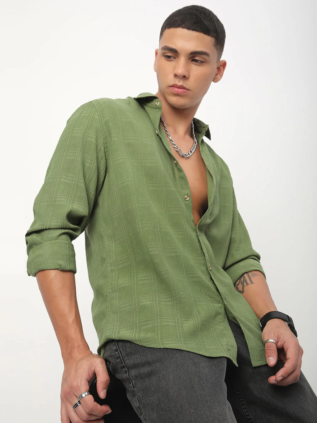 Sap Green Textured Creased Shirt - Image 2