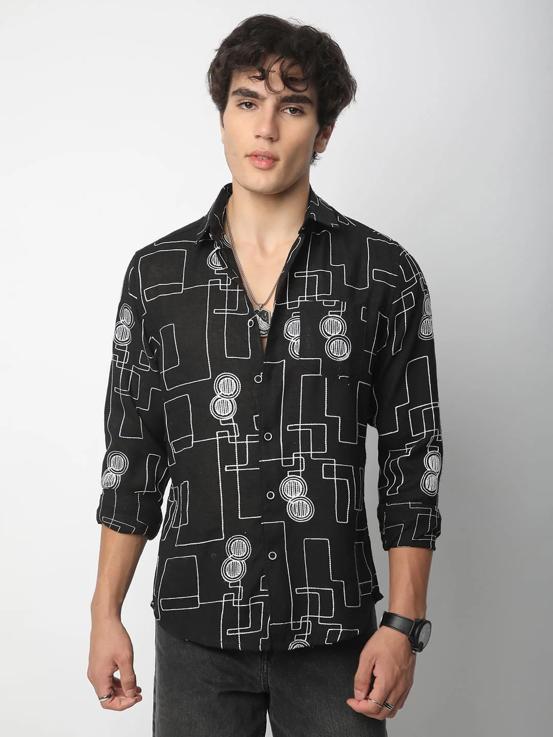 Schmick Black Contrast Maze Embroidered Shirt - Image 5