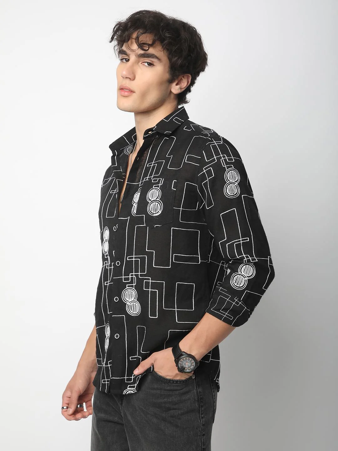 Schmick Black Contrast Maze Embroidered Shirt - Image 6