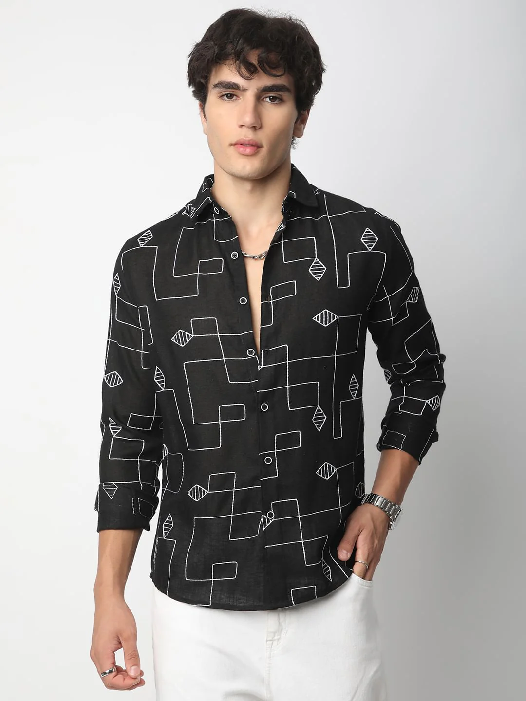Schmick Black Lozenge Maze Embroidered Shirt - Image 5