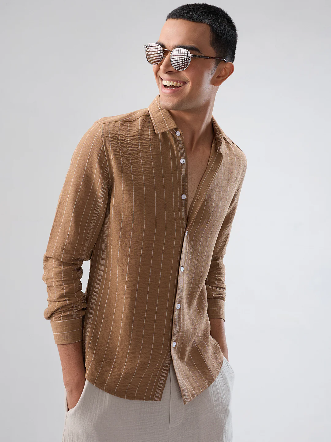 Schmick Warm Brown Pinstripe Shirt - Image 4