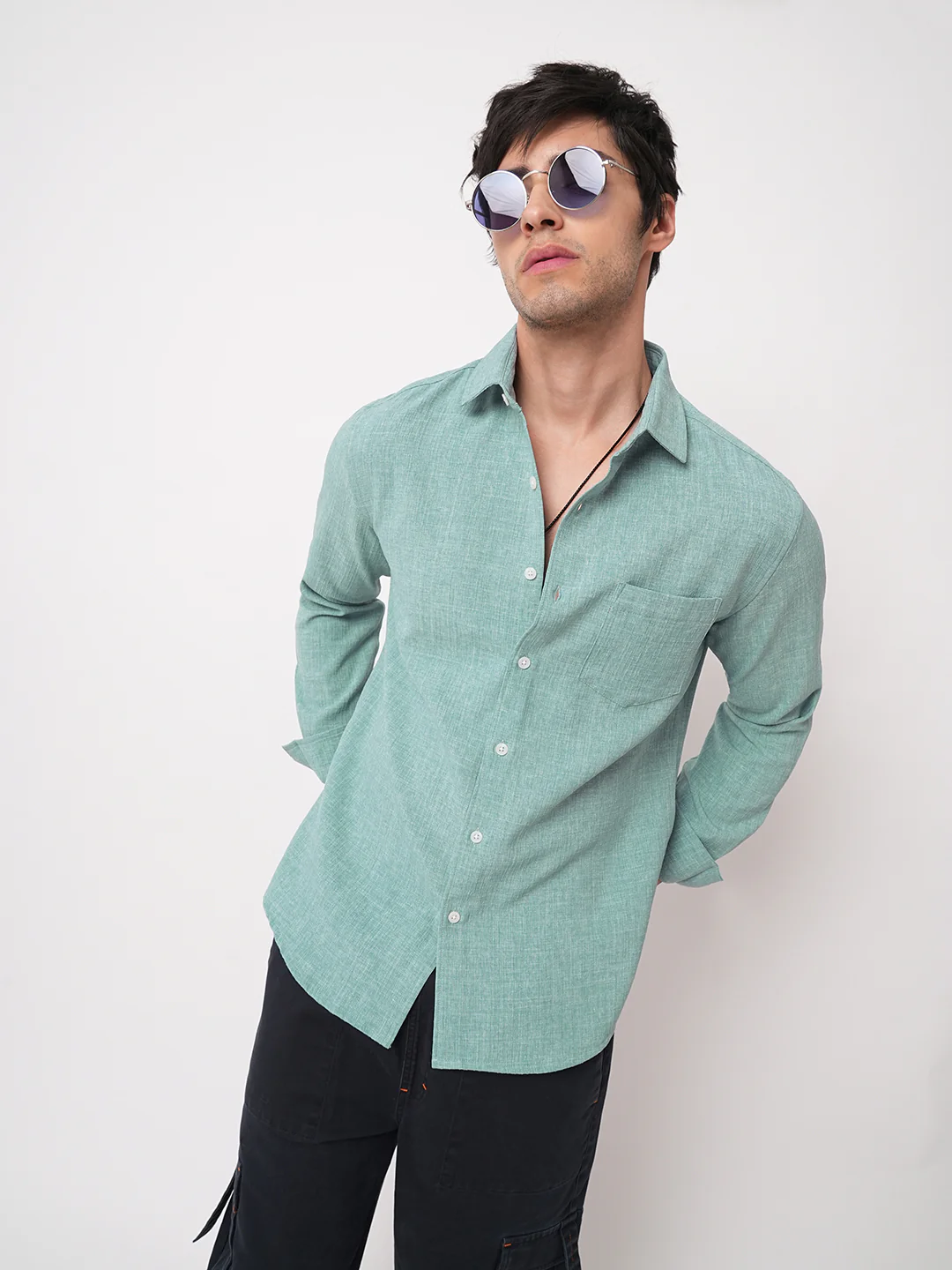 Sea-foam Green Slub Textured Shirt - Image 4