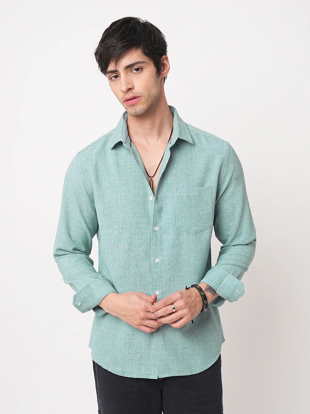 Sea-foam Green Slub Textured Shirt - Image 5