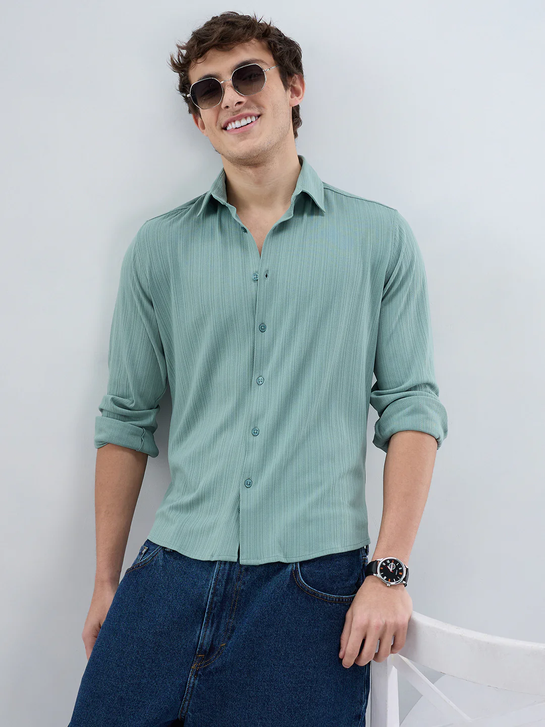 Sea Green Fine Vertical Ribbed Knitted Shirt