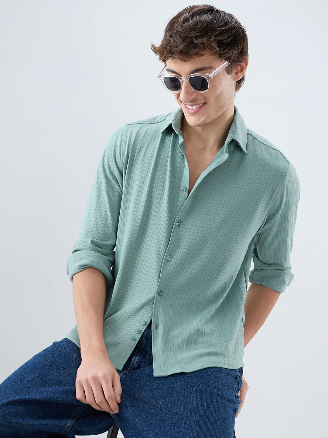 Sea Green Fine Vertical Ribbed Knitted Shirt - Image 2
