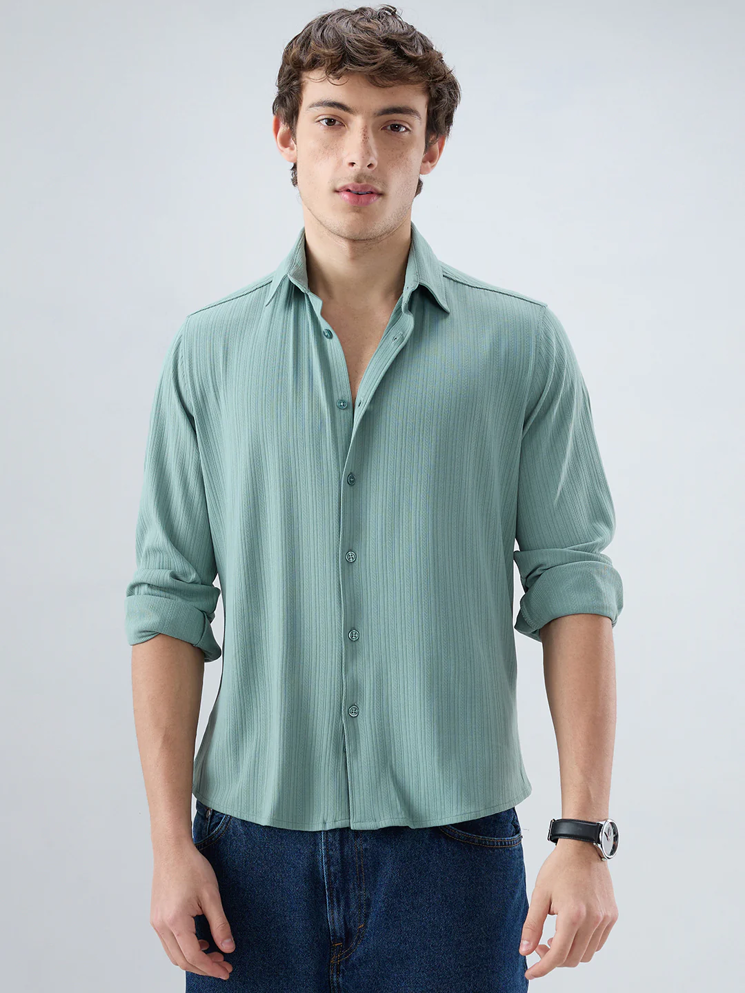 Sea Green Fine Vertical Ribbed Knitted Shirt - Image 5