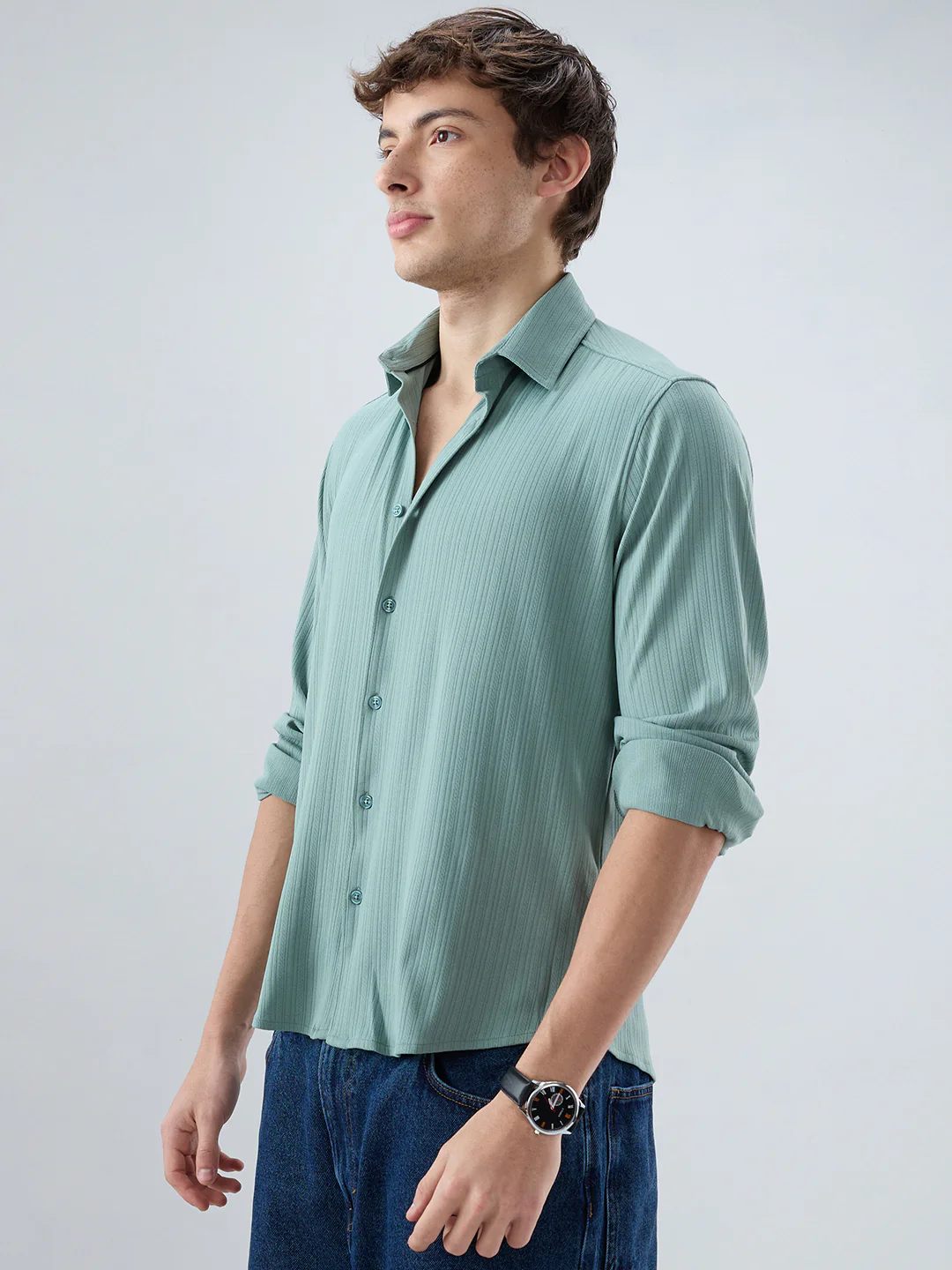 Sea Green Fine Vertical Ribbed Knitted Shirt - Image 6