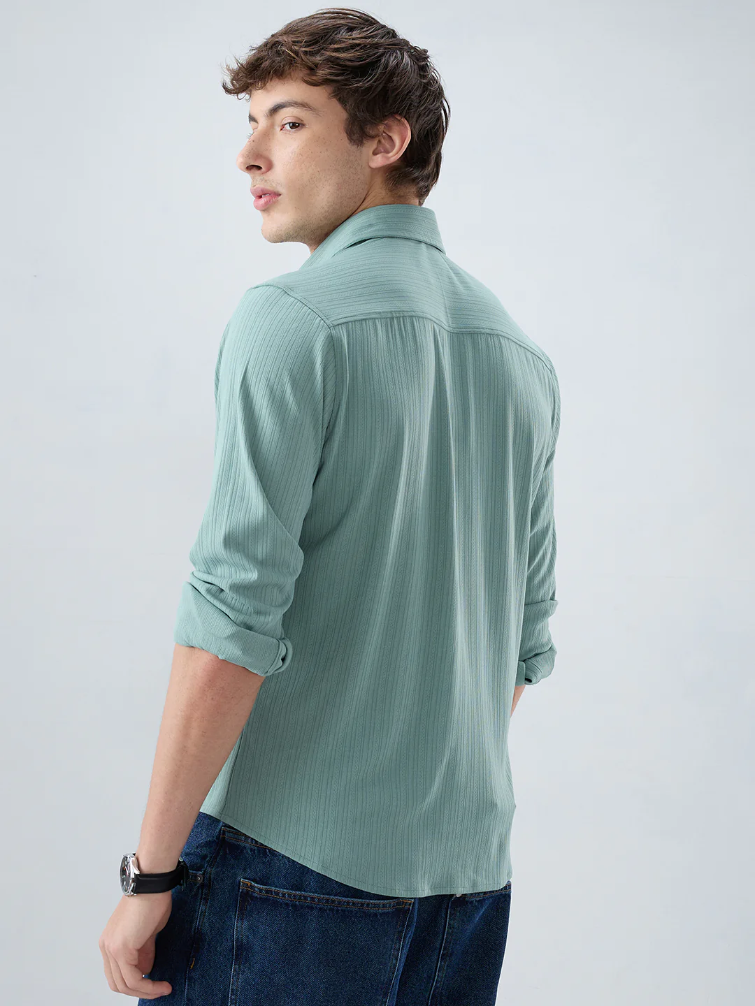 Sea Green Fine Vertical Ribbed Knitted Shirt - Image 7
