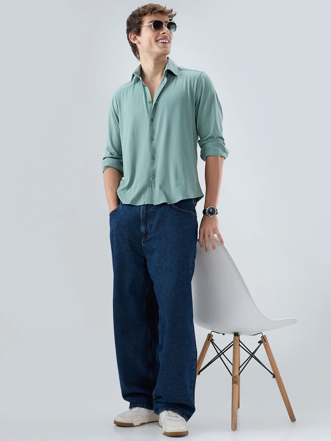 Sea Green Fine Vertical Ribbed Knitted Shirt - Image 8