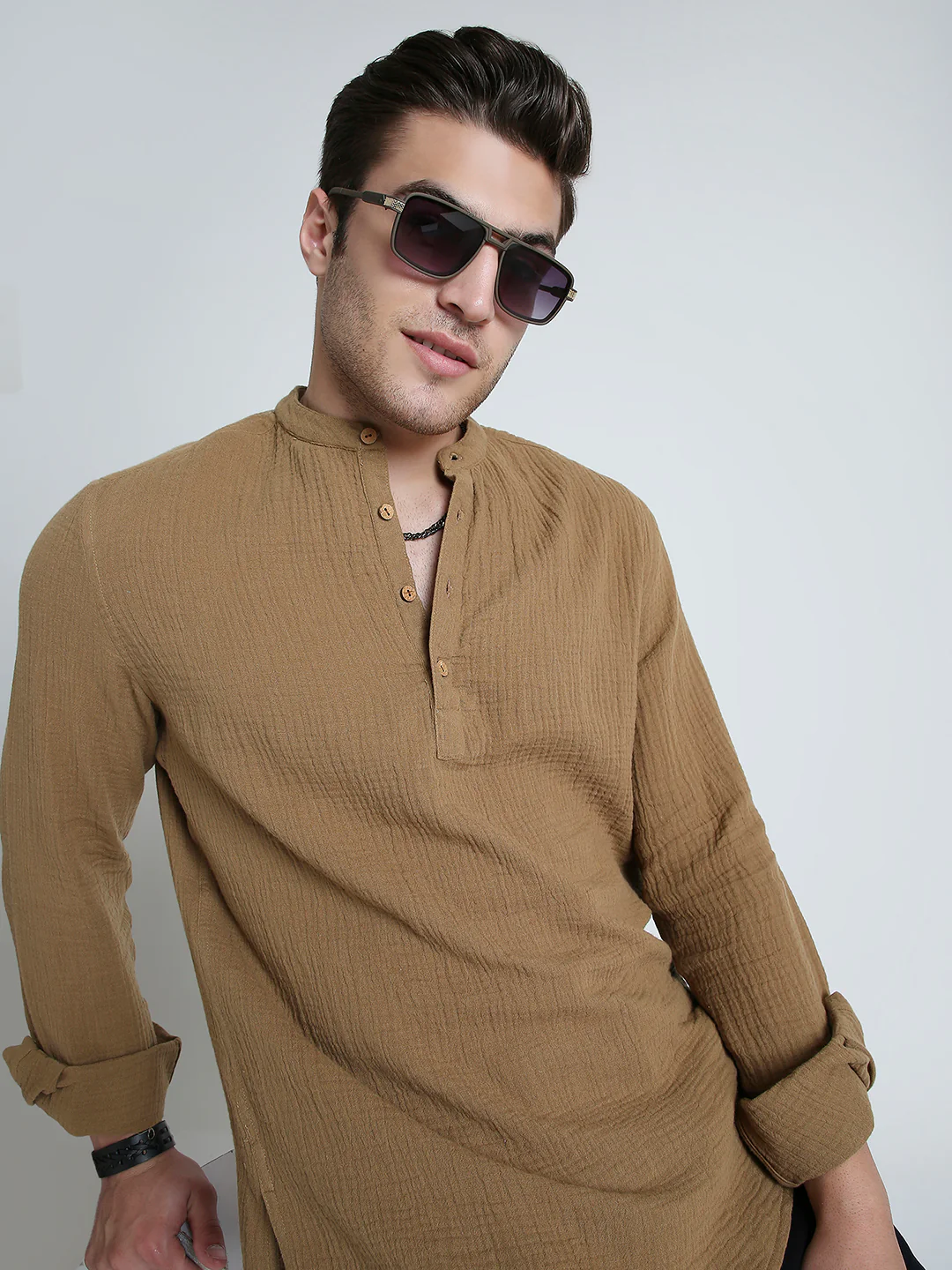 Sepia Brown Solid Double Cloth Kurta - Image 2