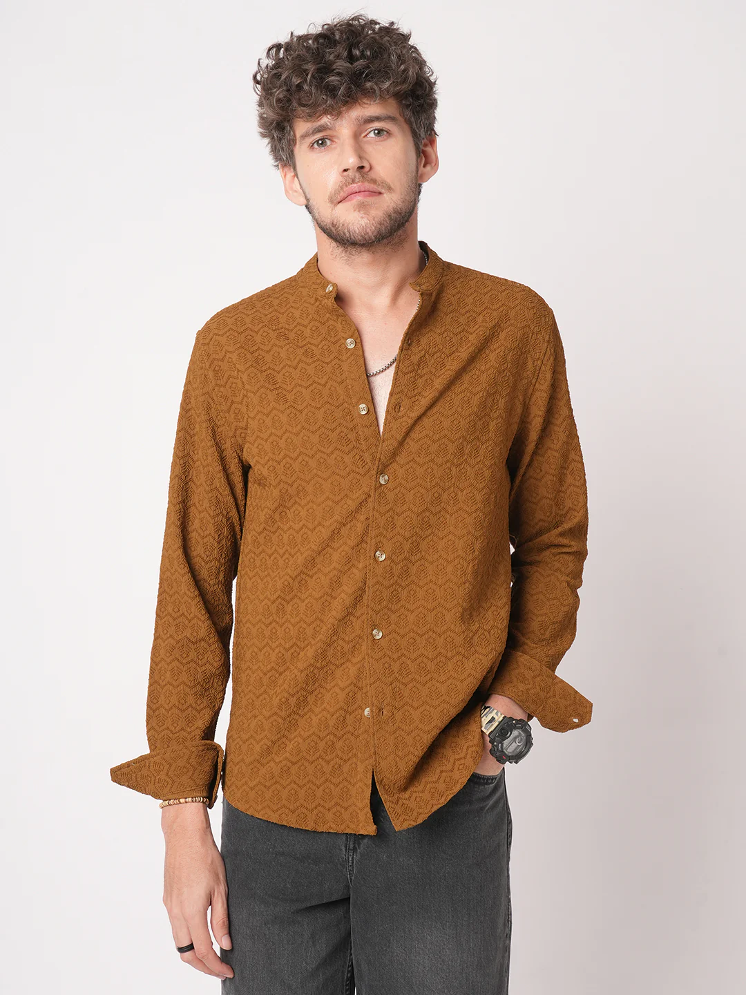 Sepia Brown Textured Mandarin Shirt - Image 4