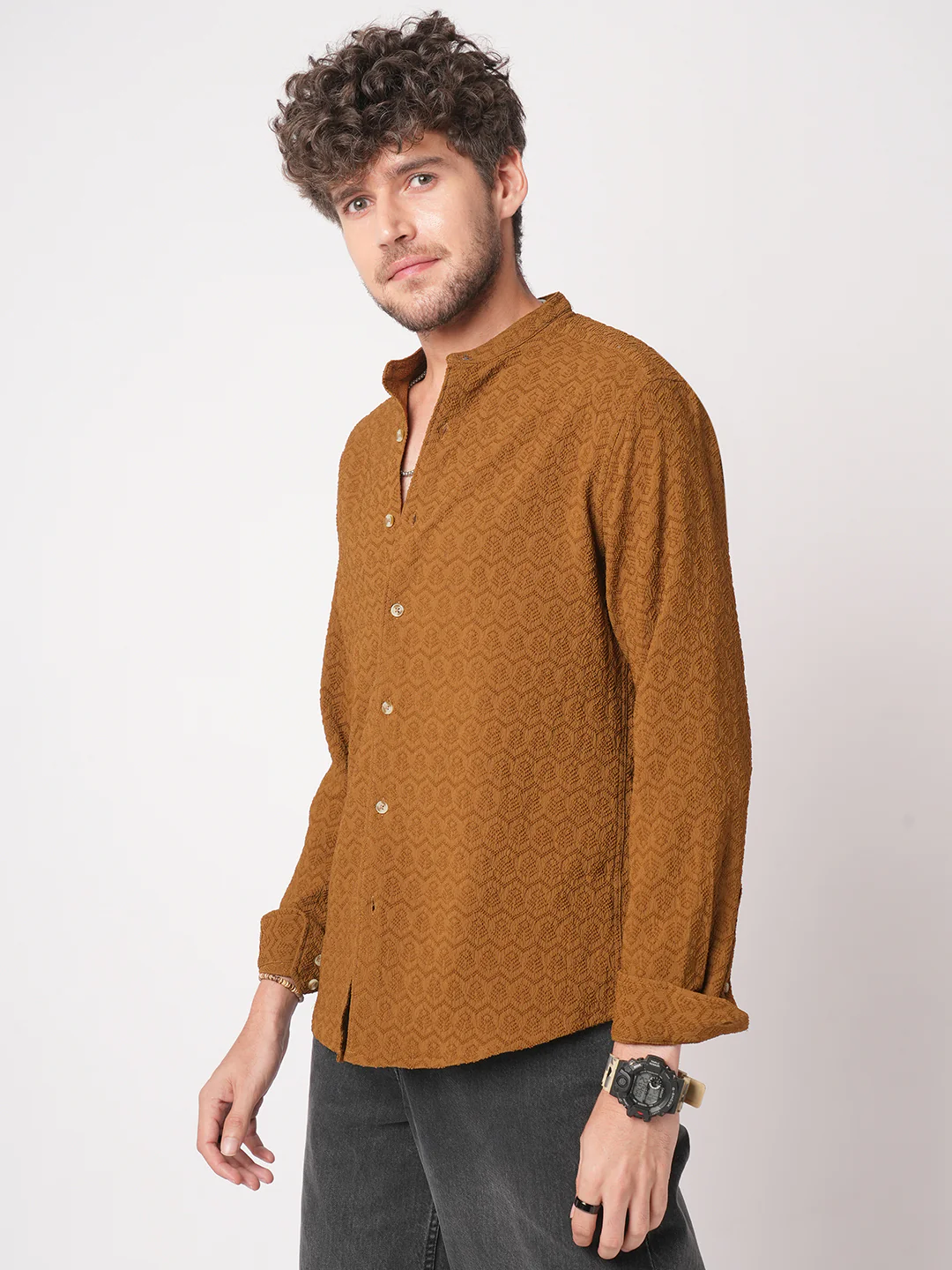 Sepia Brown Textured Mandarin Shirt - Image 5