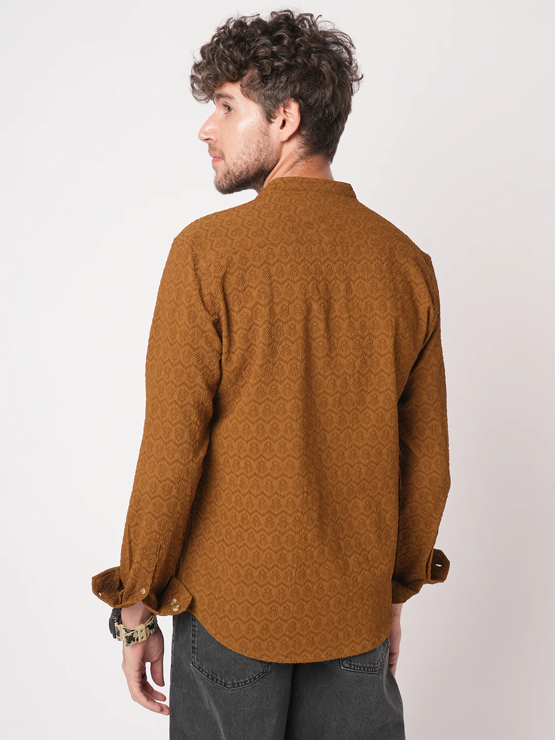 Sepia Brown Textured Mandarin Shirt - Image 6