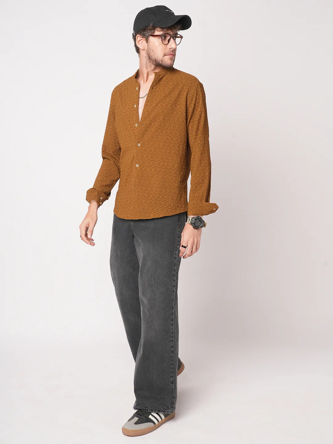 Sepia Brown Textured Mandarin Shirt - Image 7