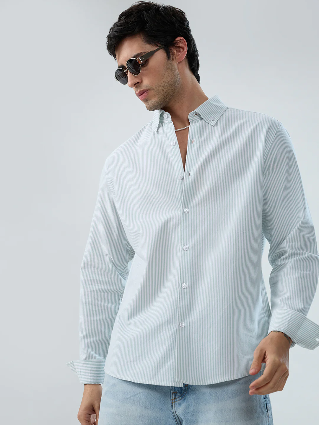 Serene Mint Pinstripe Button-Down Collar Shirt - Image 2