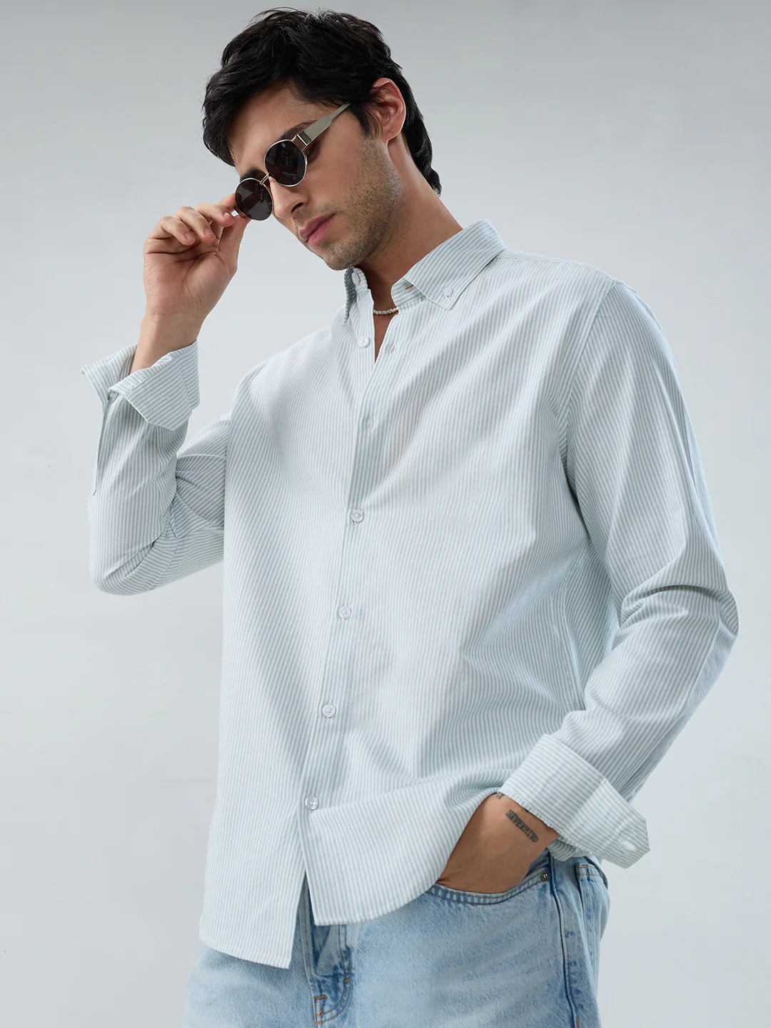 Serene Mint Pinstripe Button-Down Collar Shirt - Image 4