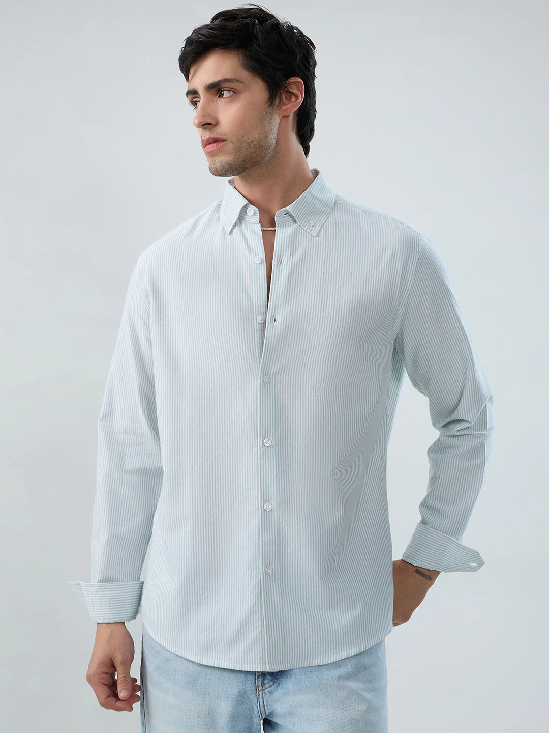 Serene Mint Pinstripe Button-Down Collar Shirt - Image 5