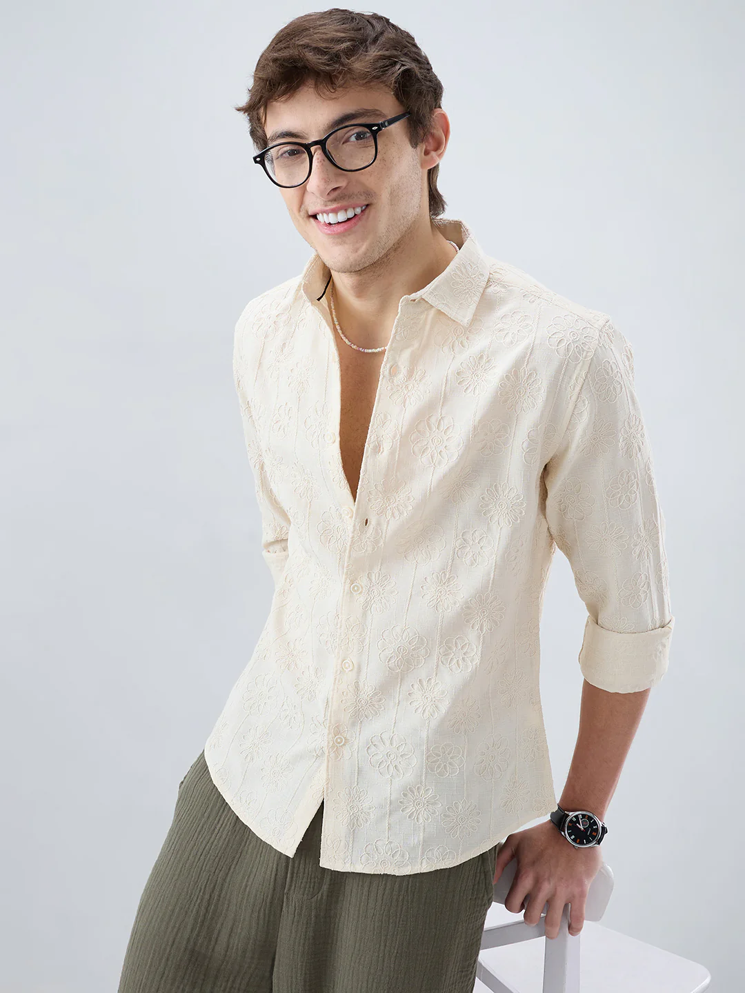 Serene Whispering Bloom Beige Embroidered Shirt - Image 2