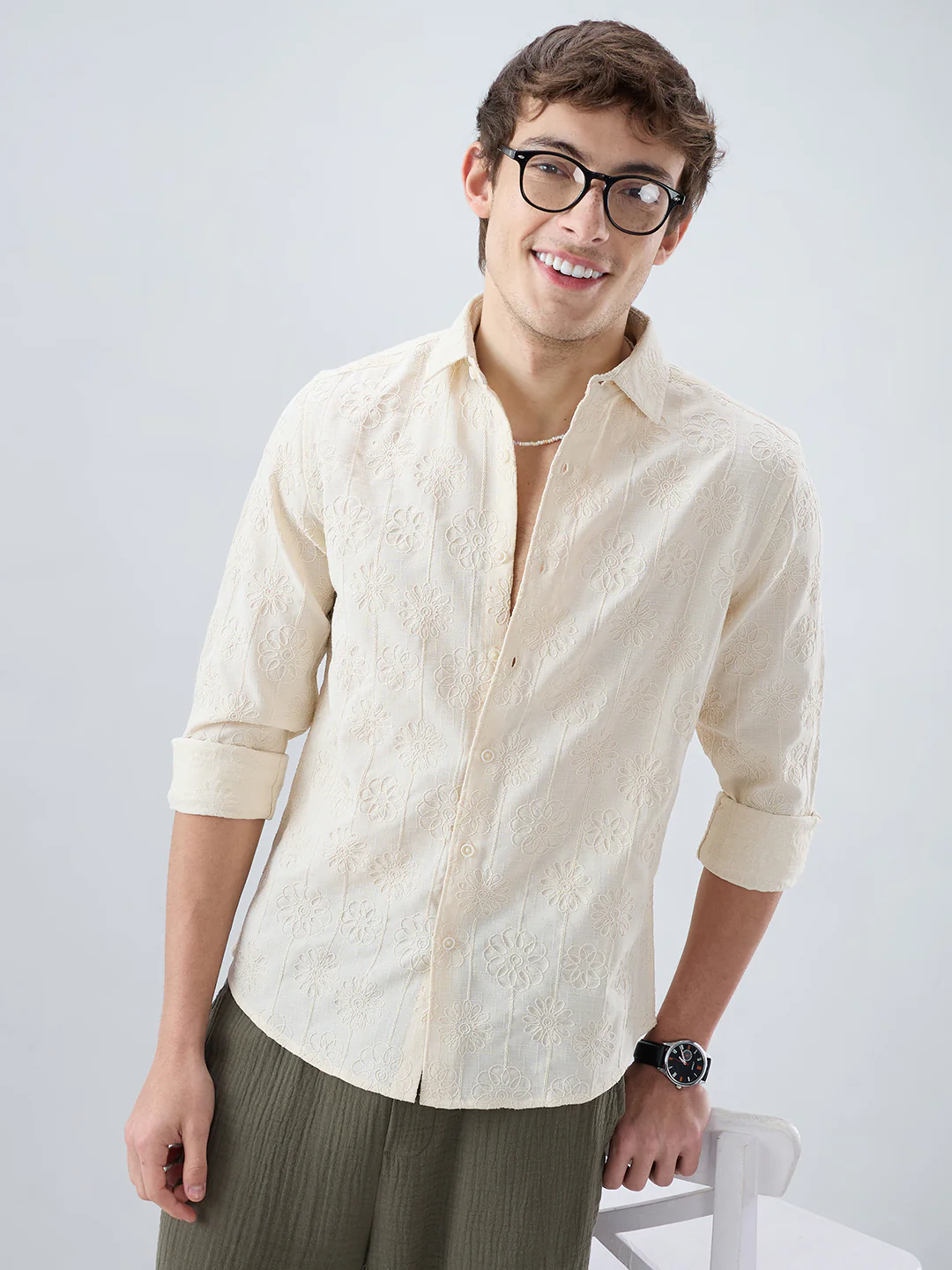 Serene Whispering Bloom Beige Embroidered Shirt - Image 4