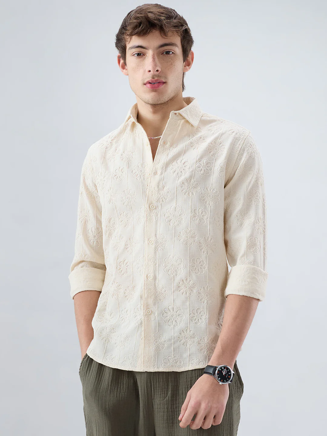 Serene Whispering Bloom Beige Embroidered Shirt - Image 5