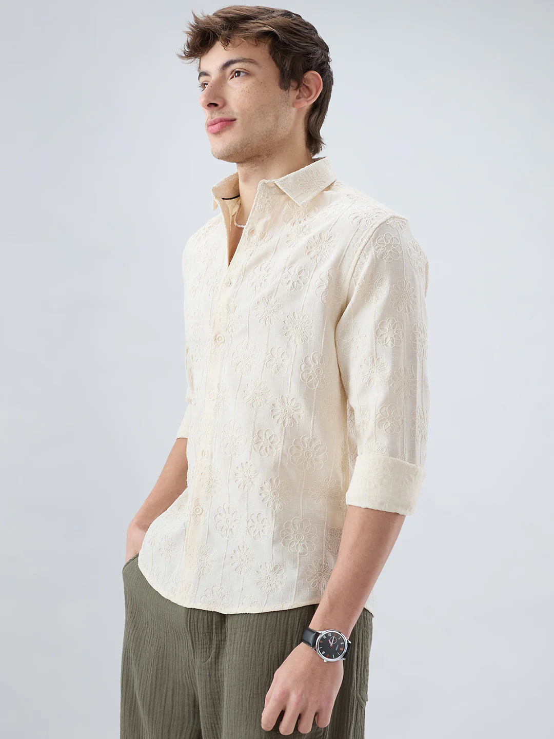 Serene Whispering Bloom Beige Embroidered Shirt - Image 6
