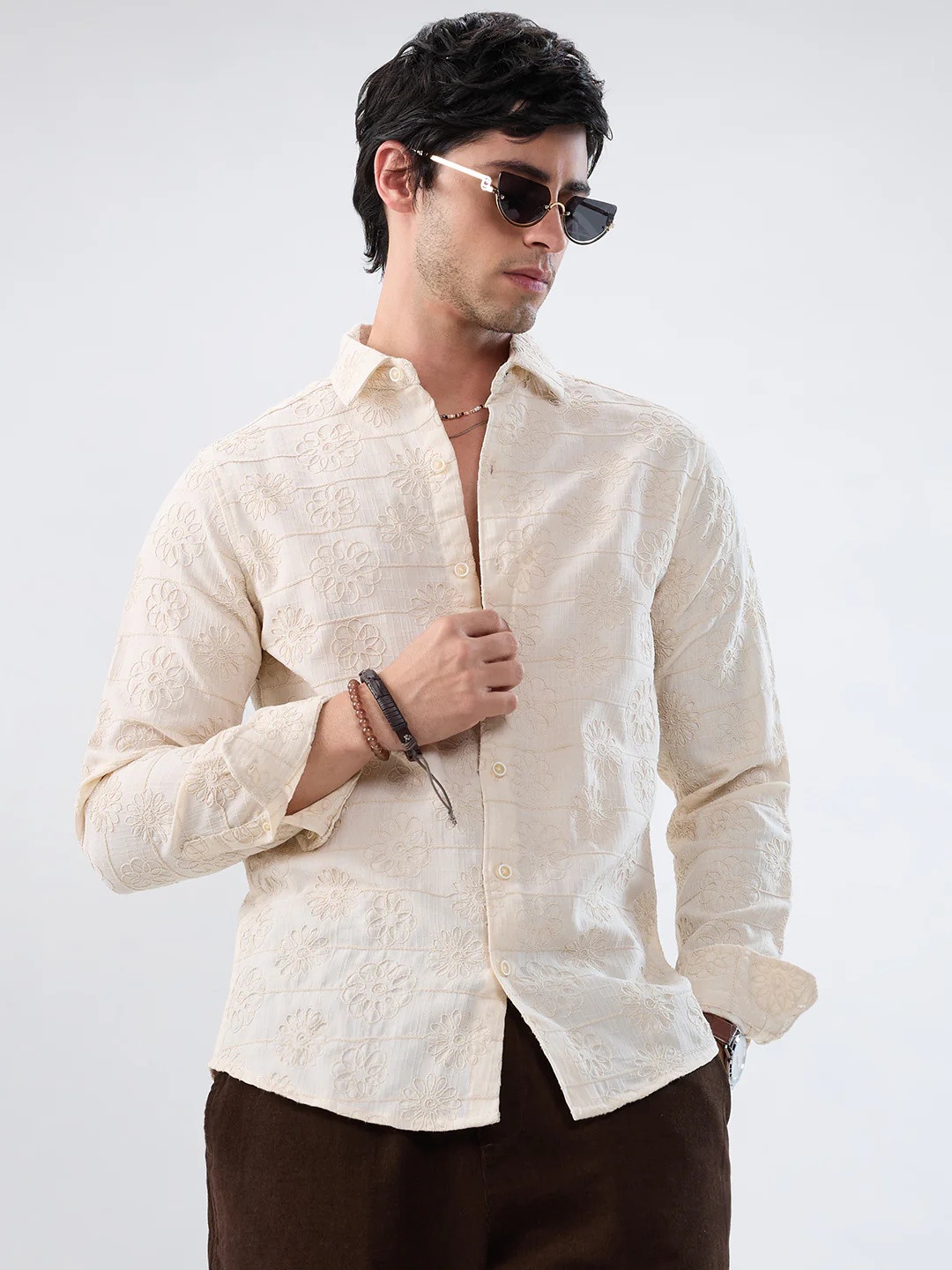 Serene Whispering Bloom Beige Embroidered Shirt