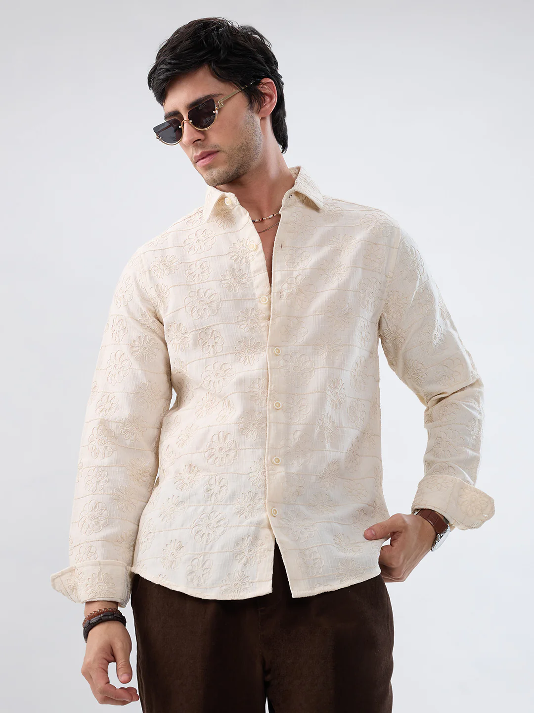 Serene Whispering Bloom Beige Embroidered Shirt - Image 2