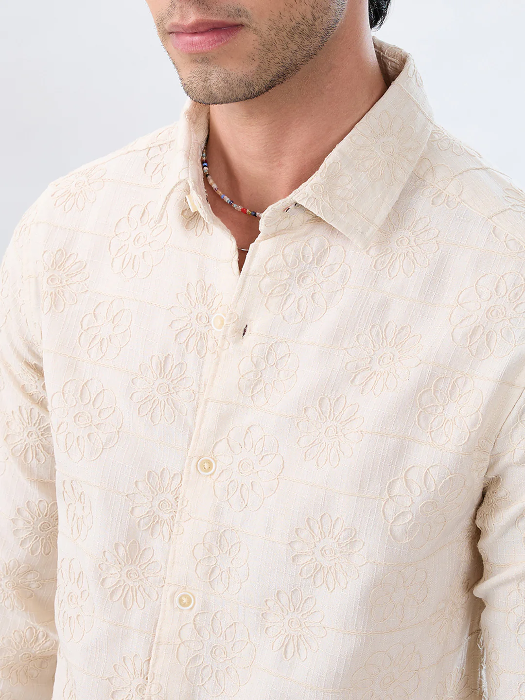 Serene Whispering Bloom Beige Embroidered Shirt - Image 3