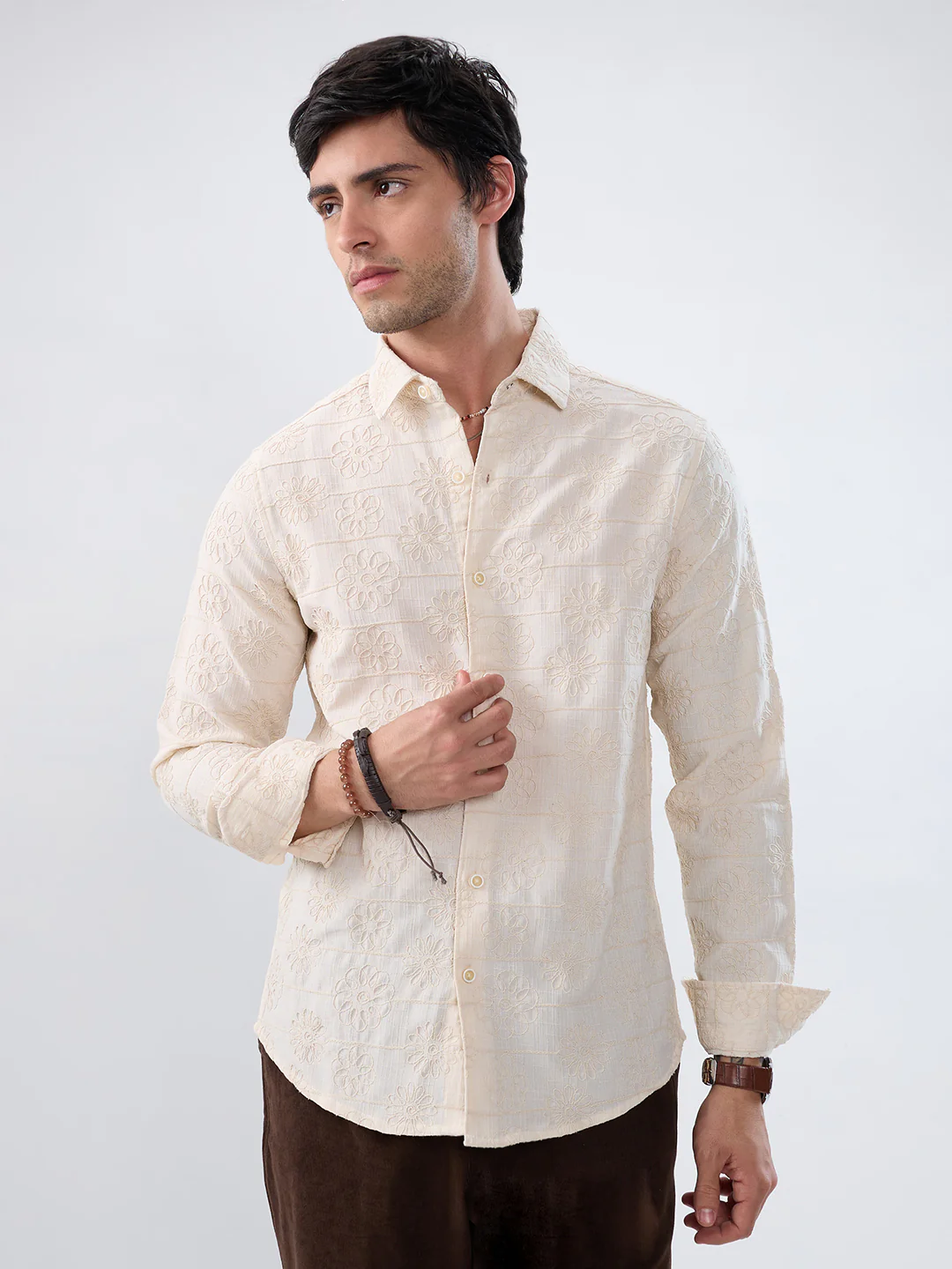 Serene Whispering Bloom Beige Embroidered Shirt - Image 5