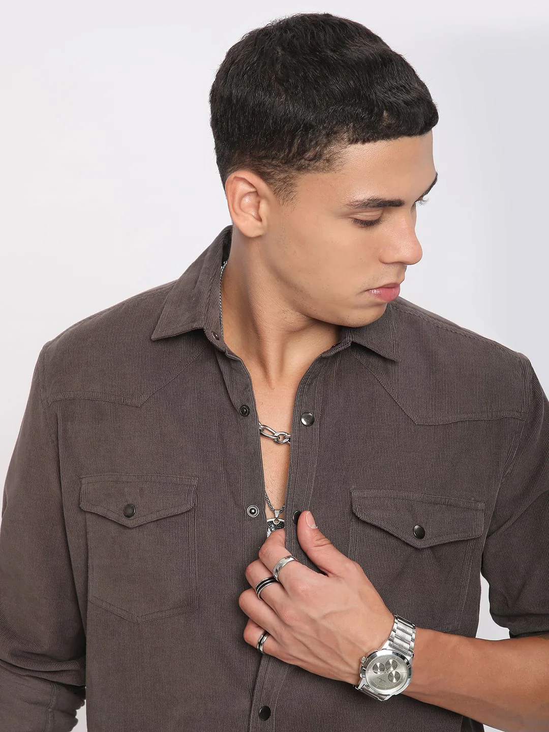 Shadow Grey Double Flap Pocket Corduroy Overshirt - Image 2
