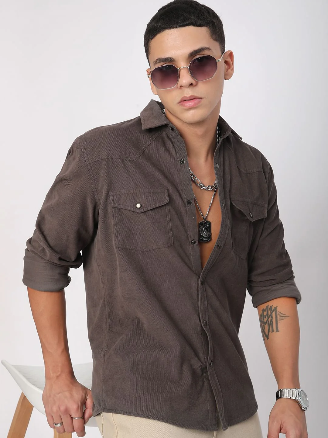 Shadow Grey Double Flap Pocket Corduroy Overshirt - Image 4