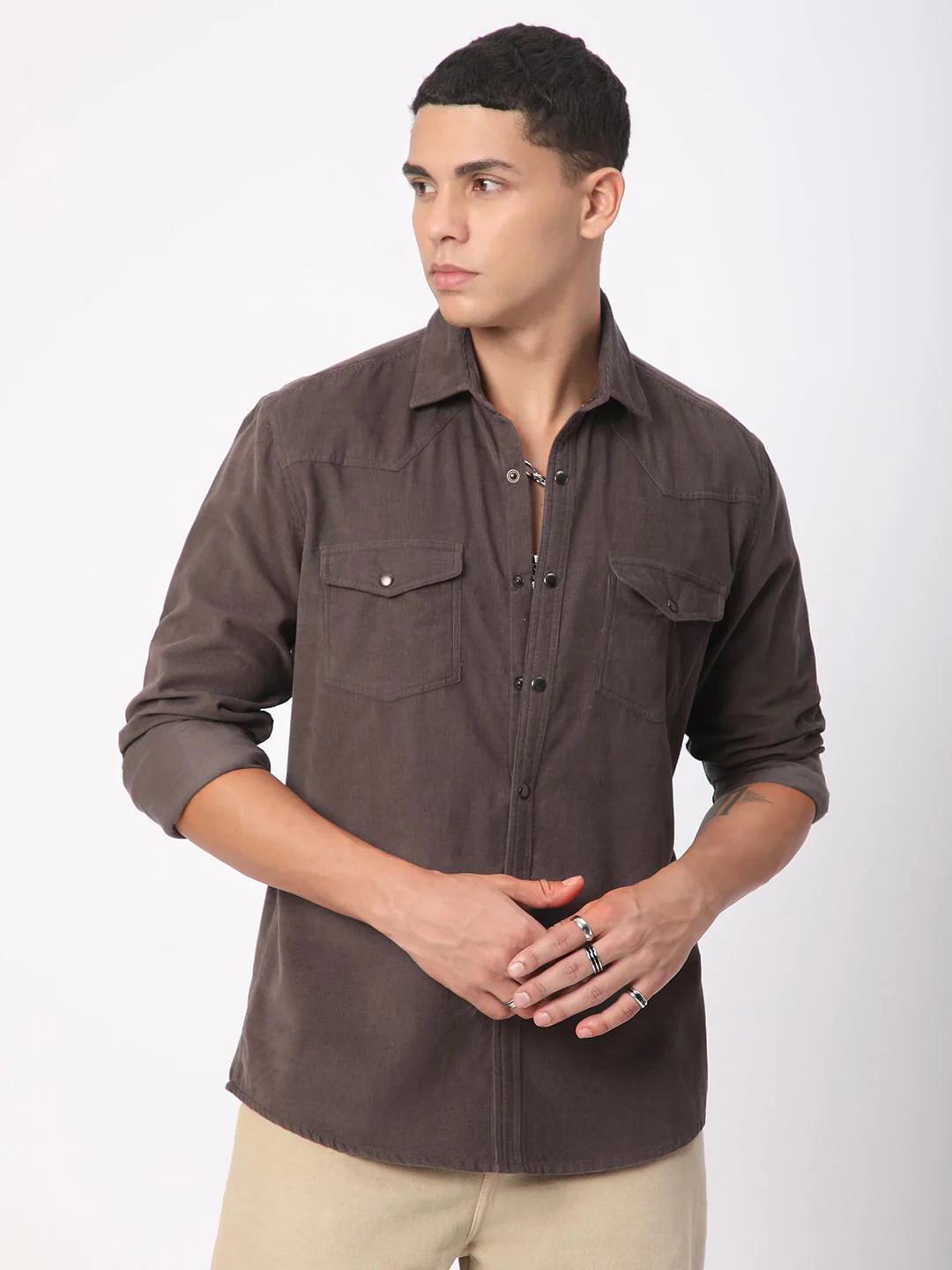 Shadow Grey Double Flap Pocket Corduroy Overshirt - Image 5