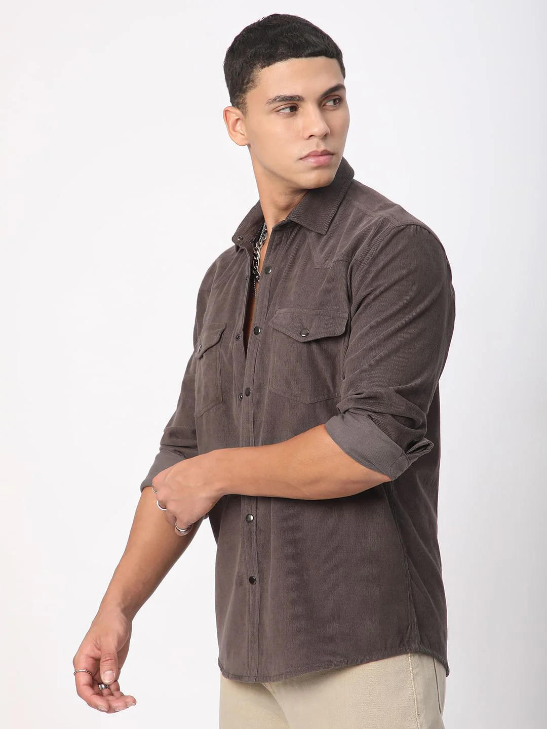 Shadow Grey Double Flap Pocket Corduroy Overshirt - Image 6