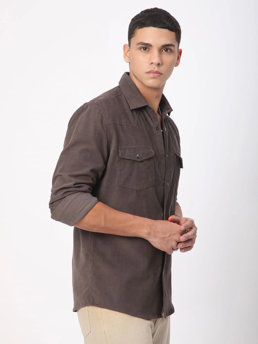 Shadow Grey Double Flap Pocket Corduroy Overshirt - Image 7